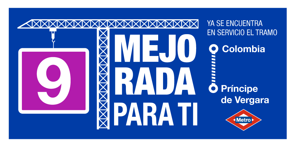 🔊🚇 RECUERDA: ya está abierto el tramo de L9 entre las estaciones de Príncipe de Vergara y Colombia.
#ObrasL9 #TrabajamosparaTi