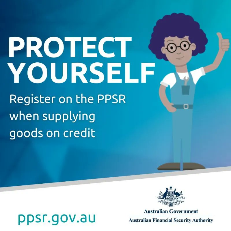 AFSA_gov_au's tweet photo. If you supply goods and give your customers 30, 60 or 90 days to pay, you're offering credit.  Your invoice or contract, along with an effective PPSR registration, can put you ahead of other debts, if your customer goes out of business. Find out more at: https://t.co/cESxBGIktR https://t.co/mSiDJseltA
