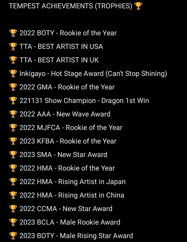 for_hubi's tweet photo. Congratulations to TEMPEST for winning the Rising Star Award (Male Idol) at today's 2023 Brand of the Year and for achieving their 16th trophy since debut 🏆🎉
#TEMPEST #템페스트 @TPST__official https://t.co/W9cy9EfVyC
