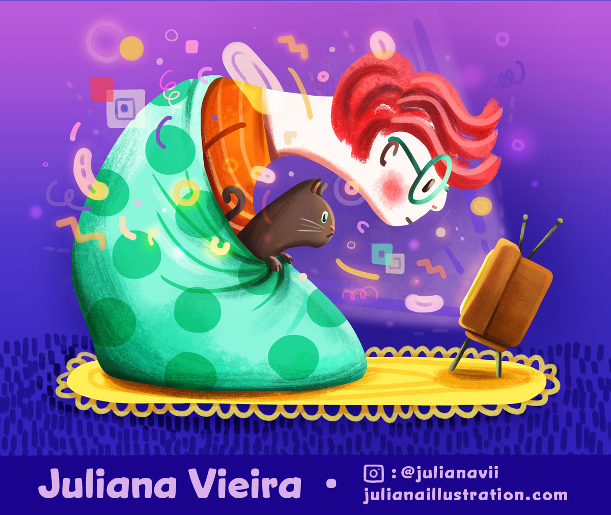 Happy September #KidLitArtPostcard !😊 My name is Juliana Vieira. I am an illustrator and designer from Canada. I would love to work on editorial and book projects! Portfolio: julianaillustration.com #kidlit #kidlitart #illustration #cat #comforter