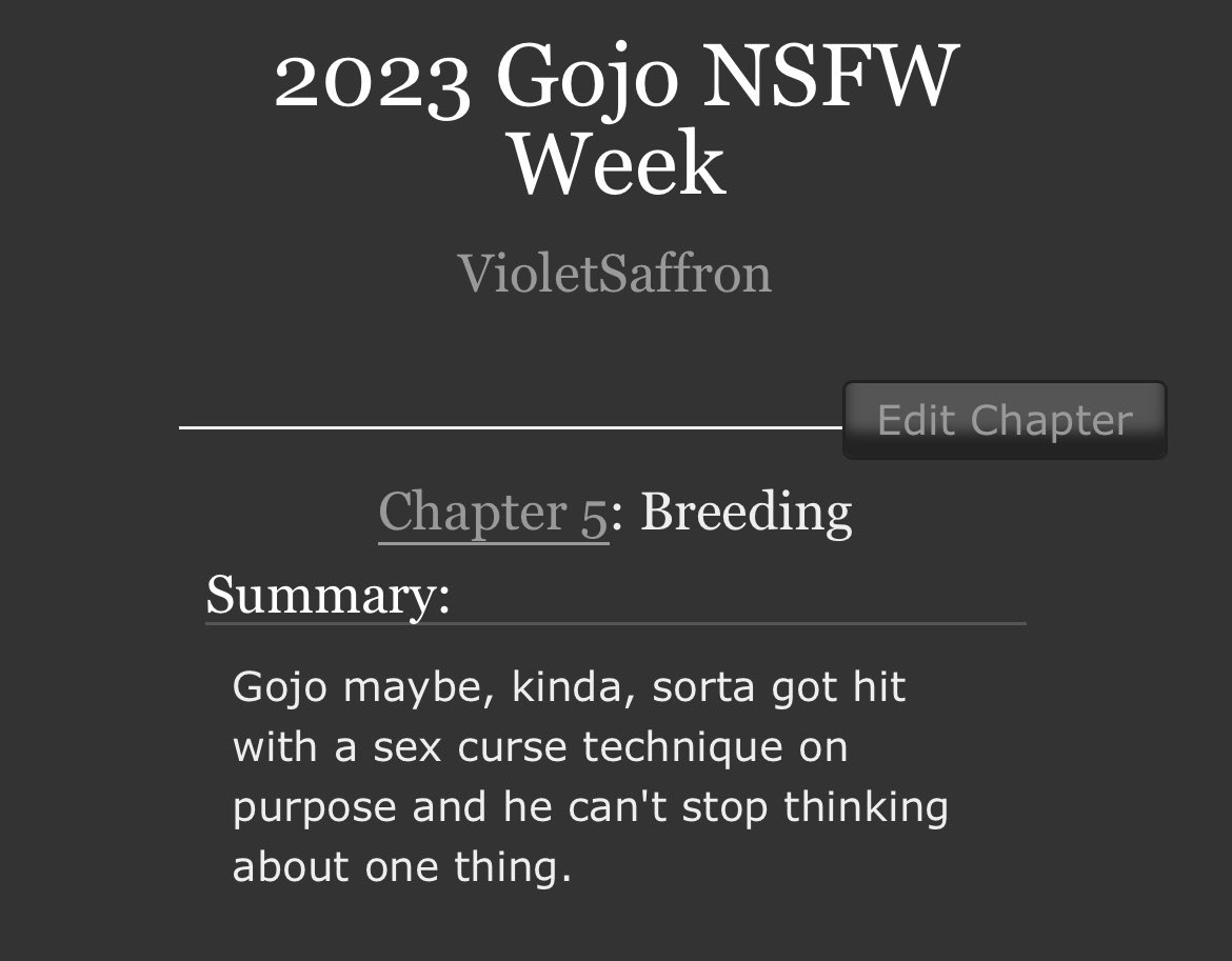 Day 5 is up! <a href="/GojoNSFWweek/">Satoru Gojo NSFW Week</a> #gojonsfwweek2023

archiveofourown.org/works/49821505…

tumblr.com/violetsaffron5…