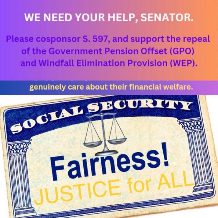 @rudysumpter @SenVancePress @JDVance1 As a constituent PLEASE cosponsor S 597, senior public servants affected NEED their EARNED SS that our Govt takes 2/3! This discrimination needs to stop, help is needed NOW!  #RepealWEP #RepealGPO