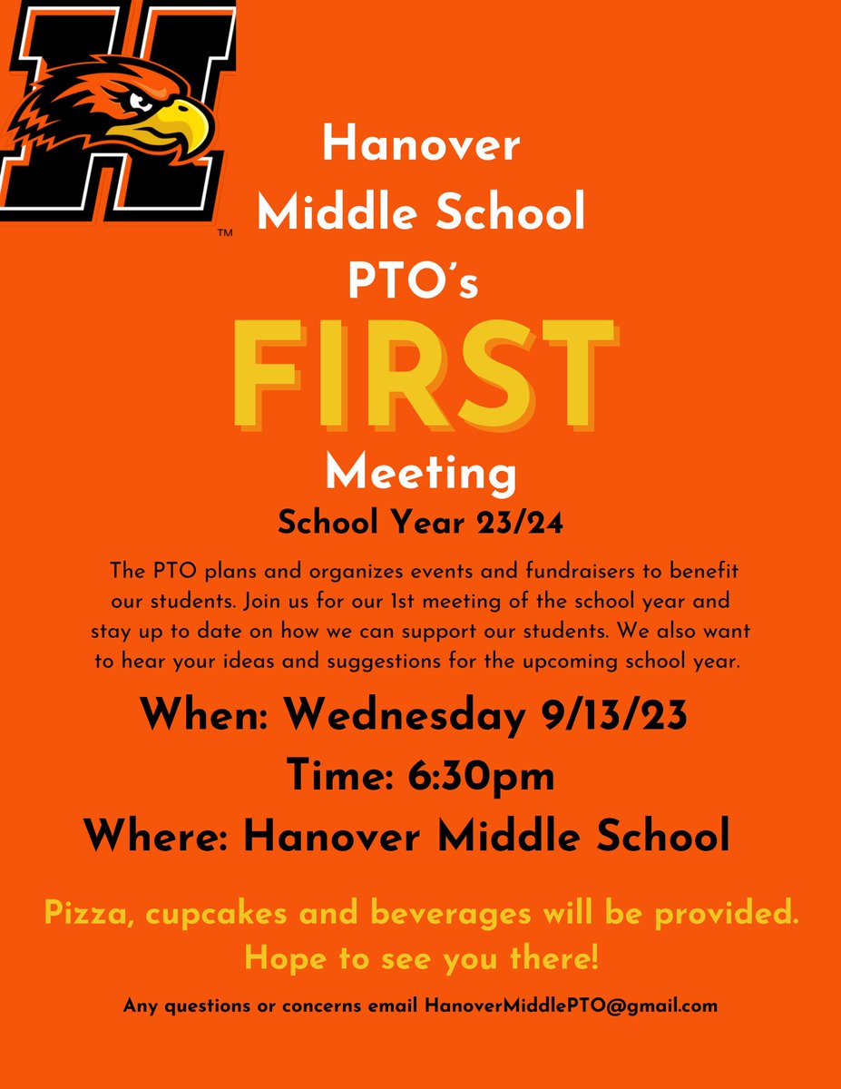Join us for our first PTO meeting of the 23/24 school year. Pizza, cupcakes and beverages provided. Hope to see you there.