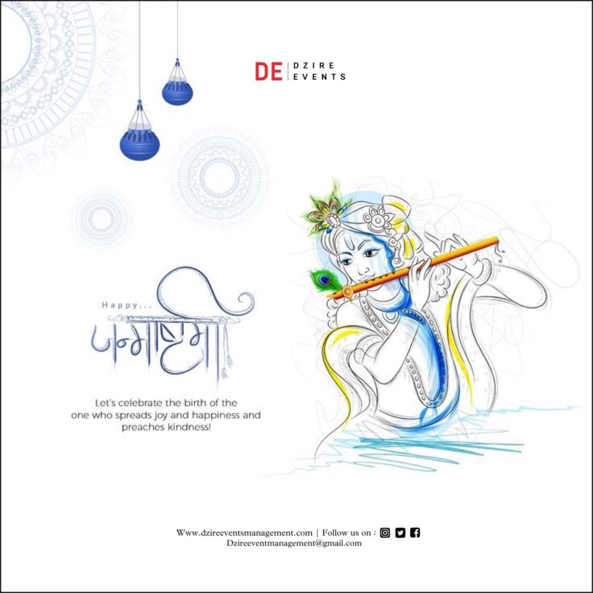 DzireEvents's tweet photo. On this Janmashtami, may all your wishes come true and may Nand Gopal shower his blessings on you and your loved ones! Team Dzire Events wishing you a very Happy Janmashtami!

#TeamDzireEvents #HappyJanmashtami https://t.co/9sH2zPBiG9
