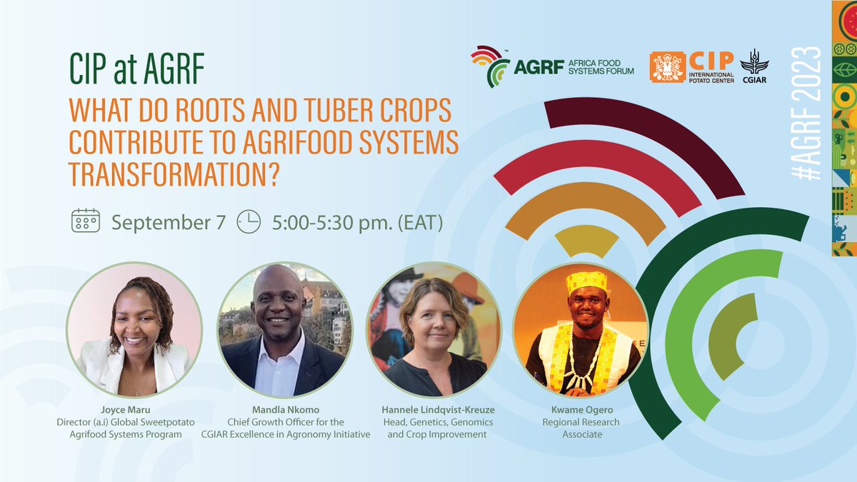 Join @Cipotato side event today 5PM EAT 

We will be diving deep into the impact of CGIAR's research on Root & Tuber crops in revitalizing Africa's #foodsystems in humanitarian & fragile contexts

#AGRF2023 

@IITA_CGIAR
@OgeroKo
@MandlaNkomo
@Hannele21
@joyce_maru