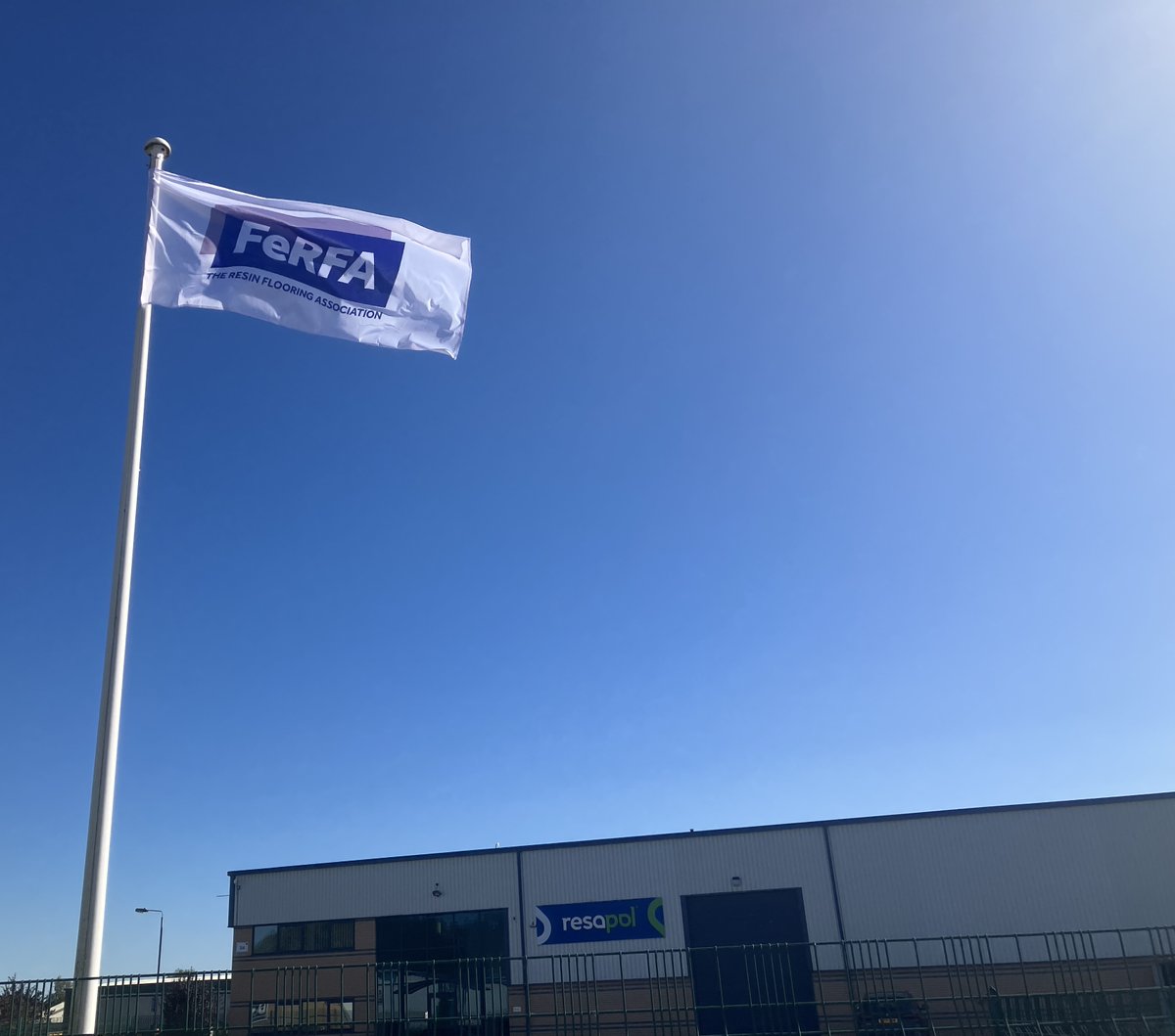 FeRFAResin's tweet photo. A huge thanks to @resapol for kindly hosting us for our board meeting this week and for flying the #FeRFA flag for resin flooring excellence!

And thanks to our Chair, Chris Orme of @FosrocUk for capturing this brilliant shot ☀️ https://t.co/3ZD2RBhQEI