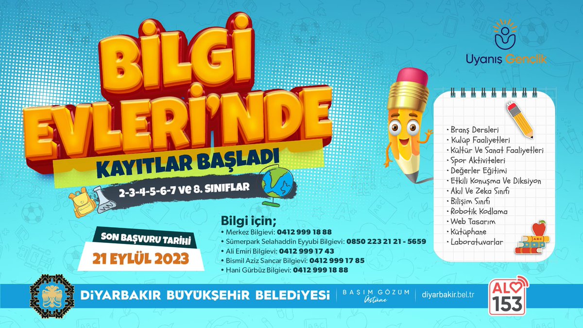 diyarbakirbld's tweet photo. Sevgili Çocuklar 🙋‍♂️

Eğlenceli bilginin adresi Bilgi Evlerimizde kayıtlar başladı! 📣📚

📌 2, 3, 4, 5, 6, 7 ve 8. sınıf öğrencileri kayıt oluşturabilirler.

🗓️ Son Başvuru Tarihi: 2️⃣1️⃣ Eylül

#BaşımGözümÜstüne #Diyarbakır https://t.co/eBszeUUxix