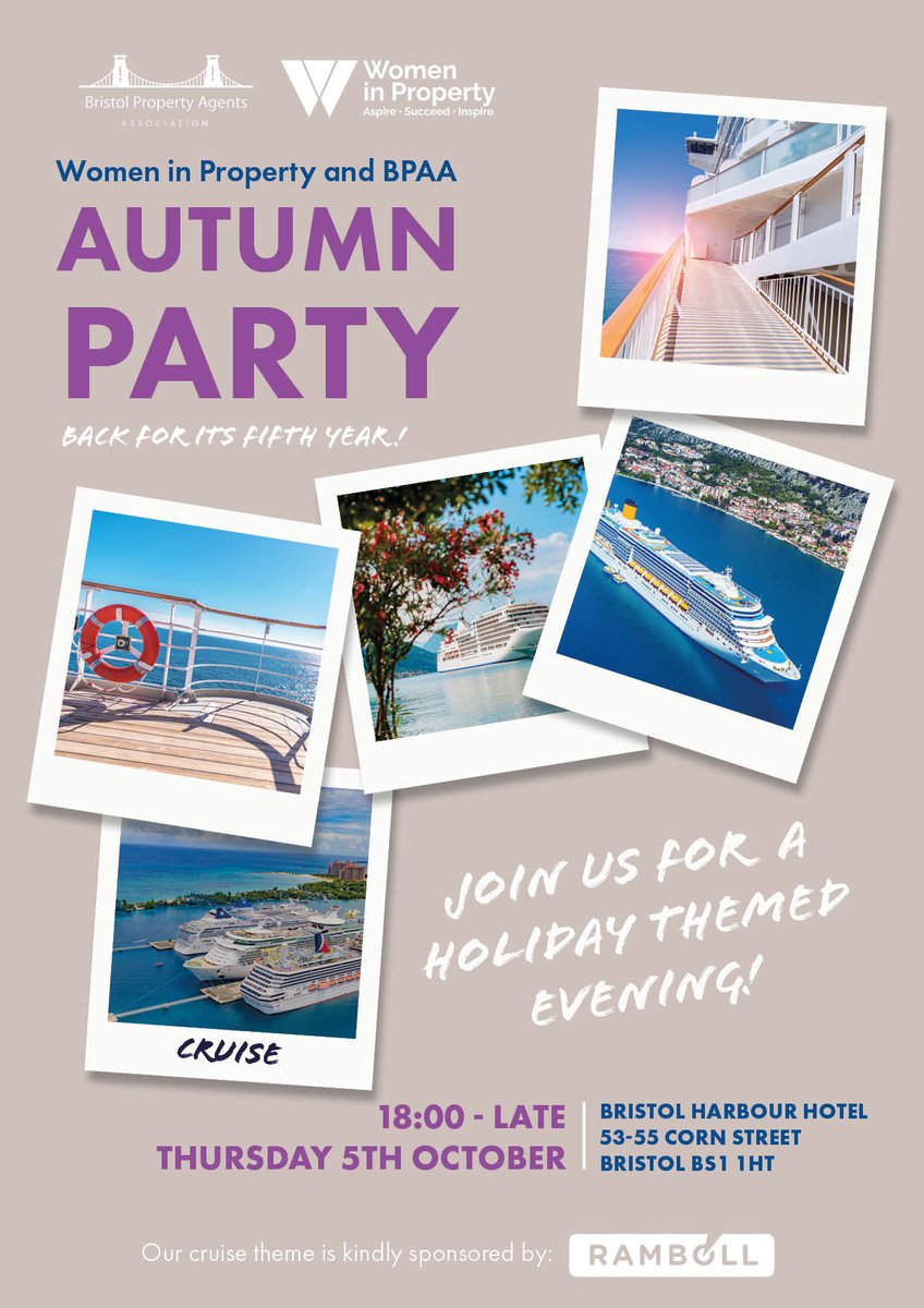 Embarking on another voyage? Next stop is @The_BPAA Autumn Party on the 5th of October @bristolharbourhotel. The final theme is Cruise, kindly sponsored @ramboll. Tickets are nearly sold out, if you cruise you snooze...