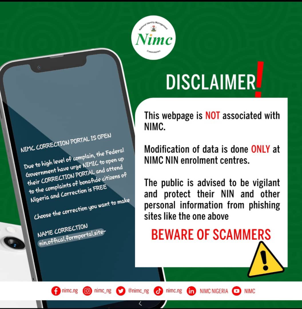 nimc_ng's tweet photo. The National Identity Management Commission does NOT operate an online modification portal! 
Beware of scammers!!! https://t.co/rEuRQ74fuU