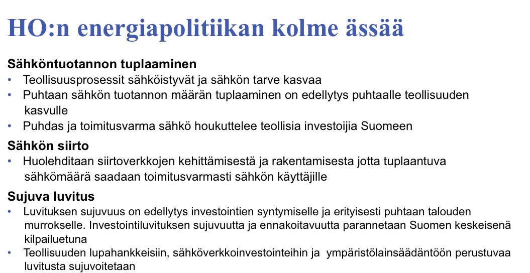 Ministeri <a href="/KaiMykkanen/">Kai Mykkänen</a> esittelee hallituksen energiapolitiikan kolmea ässää:

1️⃣ Sähköntuotannon tuplaaminen
2️⃣Sähkön siirto
3️⃣ Sujuva luvitus

Nämä kun saadaan kuntoon, on Suomella erinomaiset mahdollisuudet houkutella lisää isoja, päästöjä vähentäviä investointeja.