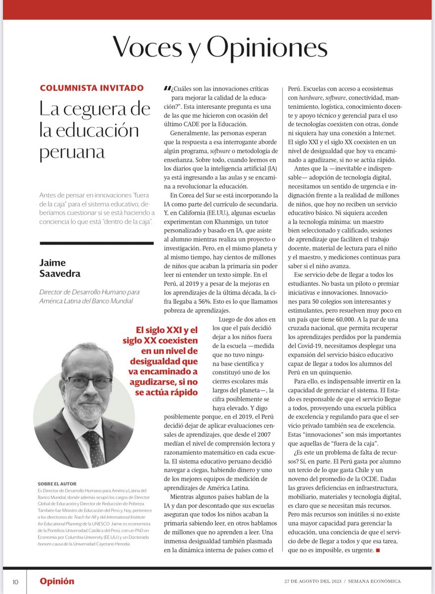 JaimeSaavedra22's tweet photo. Necesitamos un sentido de urgencia e indignación frente a la realidad de millones de niños, que hoy no reciben un servicio educativo básico. El elemento indispensable e irremplazable en cualquier sistema educativo exitoso es un maestro bien seleccionado y calificado.

Ver mi blog en @SEMANAeconomica 
https://t.co/ymbjGAo1Cf