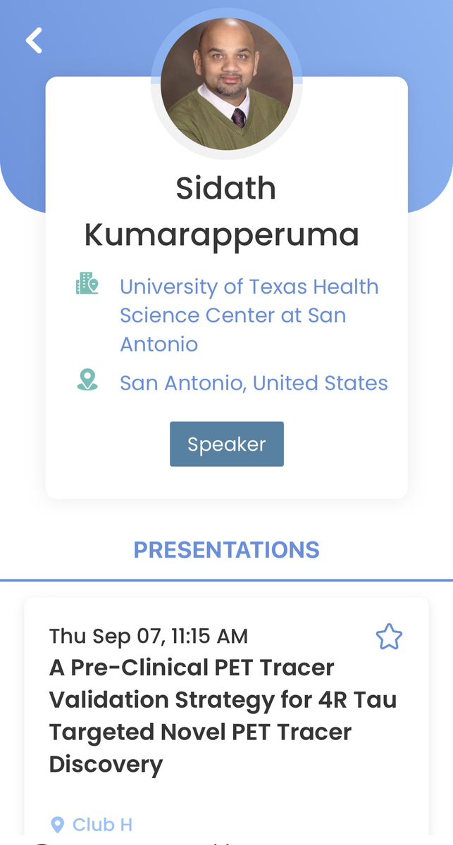 sidat's tweet photo. Very excited to discuss our #4RTau PET tracer development strategy at the #WMIC2023 “Novel strategies for detecting neurodegenerative diseases” session in beautiful #Prague this morning. @UTHSAResearch https://t.co/6kShaeQKq8