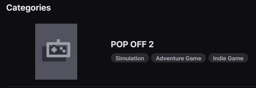 GreataxeG's tweet photo. Our indie game now has it's own Category on Twitch!
This is SUCH a cool feeling!!! :D
Wishlist "POP OFF 2" for it's October 4th release to help populate this new category!
#indiegame #indiegamedeveloper #POPOFF2 https://t.co/yIsrcuYfHm