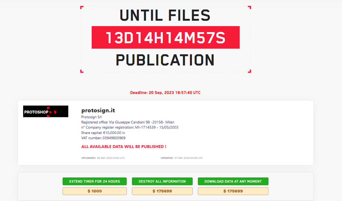 #Italy🇮🇹: LockBit #ransomware group claimed responsibility for the attack on the Italian company Protosign Srl.  

At the time of writing, the ransom demand is approximately $175,000 and the payment deadline is set for September 20th.

#DarkWebMonitoring #DarkWeb…