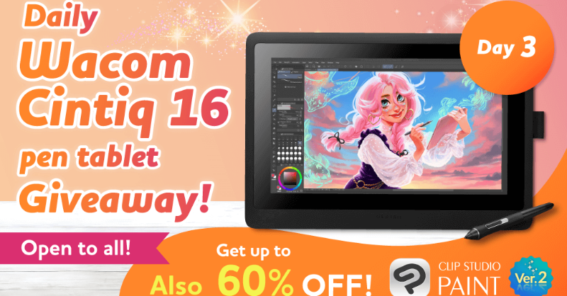 One person will win a Wacom Cintiq 16 every day! Just follow & repost this post to enter. Open to all! Today is day 3! 4 more chances! Plus, get up to 60% off on Clip Studio Paint! Ends September 12, 2023, 8:00 a.m. UTC/GMT. Details: clipstudio.net/promotion/give…