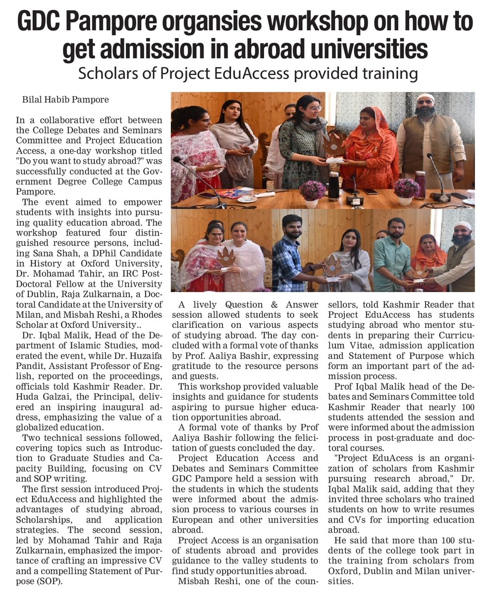 Many thanks to <a href="/ProjEduAccess/">Project EduAccess</a> team and Govt Degree College Pampore administration for inviting me as a resource person for this wonderful workshop  alongside young emerging scholars Misbah Reshi (Rhodes Scholar, Oxford), Sana Shah (Oxford) and Raja Zulkarnain (Milan)