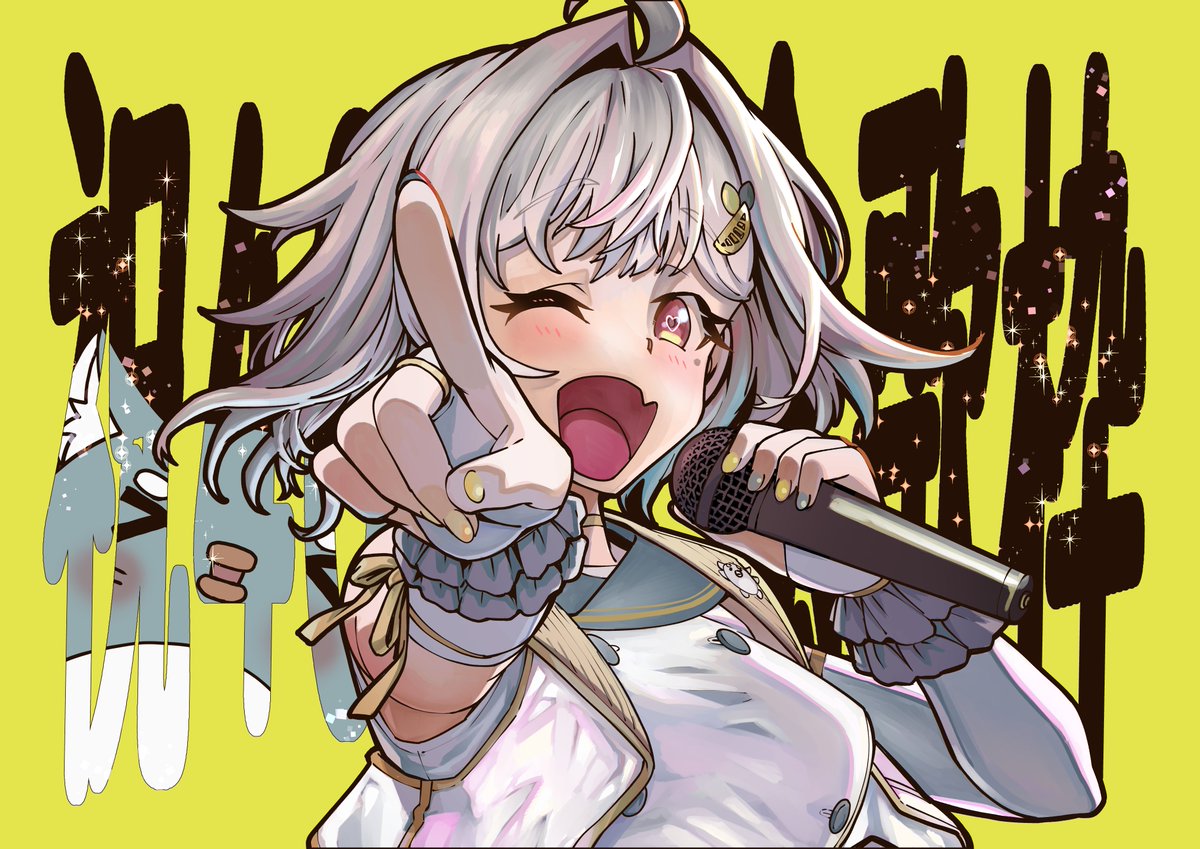 1girl one eye closed solo microphone skin fang holding fang  illustration images