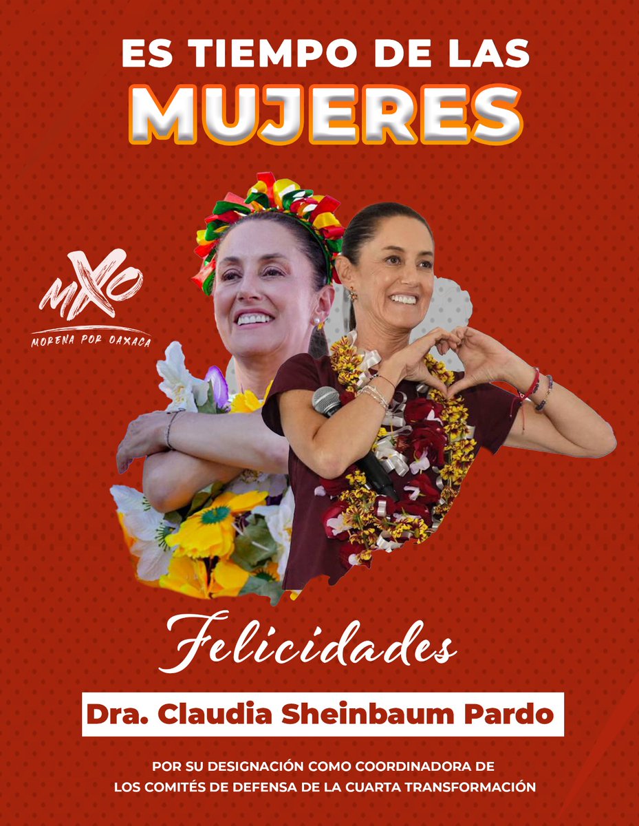 ¡HABEMUS COORDINADORA!👩🏻🔴

El pueblo ha decidido, queremos felicitar a la Dra. <a href="/Claudiashein/">Claudia Sheinbaum Pardo</a> por su designación como Coordinadora de la Defensa de la Cuarta Transformación.🤝🏽

Cuenta con el respaldo de todas y todos los oaxaqueños.🫶🏽

¡Viva la Cuarta Transformación!✋🏽