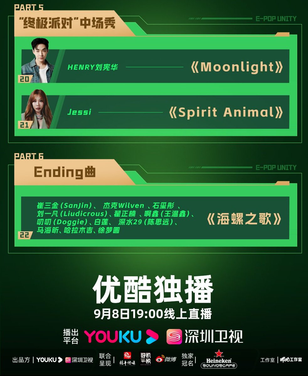 HLGlobalStrings's tweet image. 20230907
E-POP UNITY: Ultimate Party Night - Program List 
 🔗weibo.com/7763126012/Ni9…

On September 8, 7pm (CST)
at Youku Live Broadcast: 
🔗vku.youku.com/live/ilproom?i…

HENRY X JESSI REUNION 😃🤩😎
#DanceMonkey
#HenryLau #Henry #헨리 #刘宪华 #Jessi #제시 #Moonlight