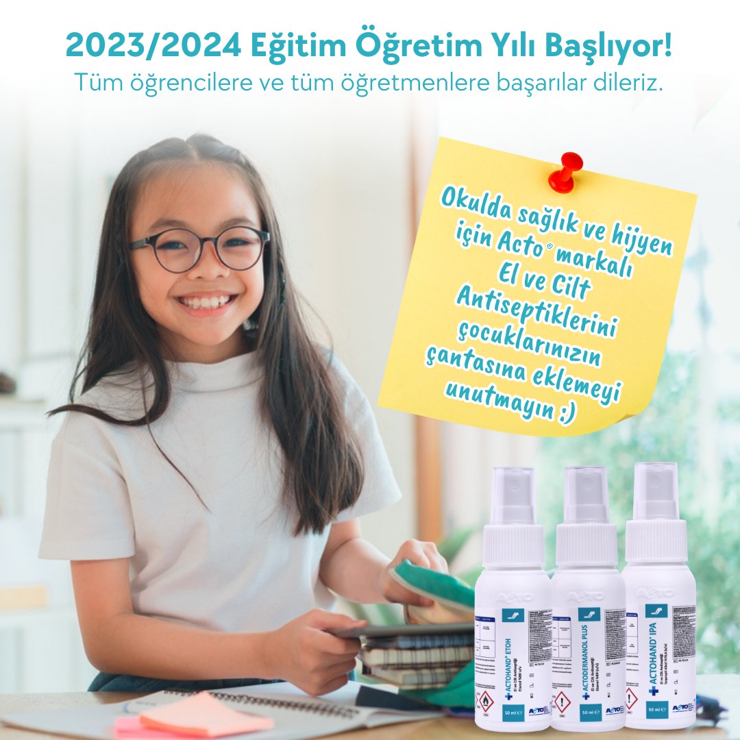actomarket's tweet photo. 📚2023/2024 eğitim öğretim yılı başlıyor! 
Tüm öğrencilere ve tüm öğretmenlere başarılar dileriz. 🙏 

📍 Okulda sağlık ve hijyen için Acto markalı el ve cilt antiseptiklerini çocuklarınızın çantasına koymayı unutmayın. 😇 

#okulhazırlığı #okullaraçılıyor #dezenfektan https://t.co/hPmko8zNRQ