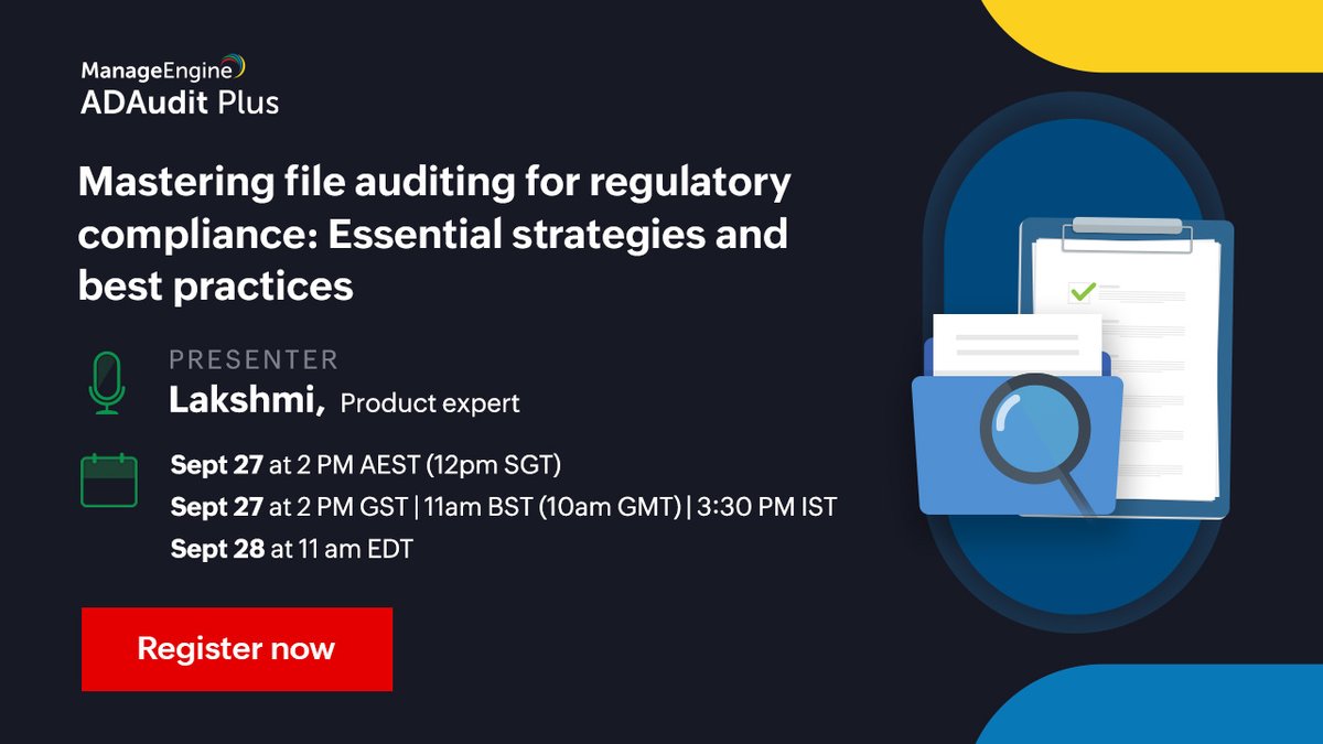ME_SIEM's tweet photo. Mastering file auditing will help you take charge of your organization's security posture and ensure regulatory compliance. Register for this webinar to learn top tips and tricks to level up your file auditing strategy. Sign up now!

#ActiveDirectory #ITSecurity #FileAuditing https://t.co/BYQYIH7XE8