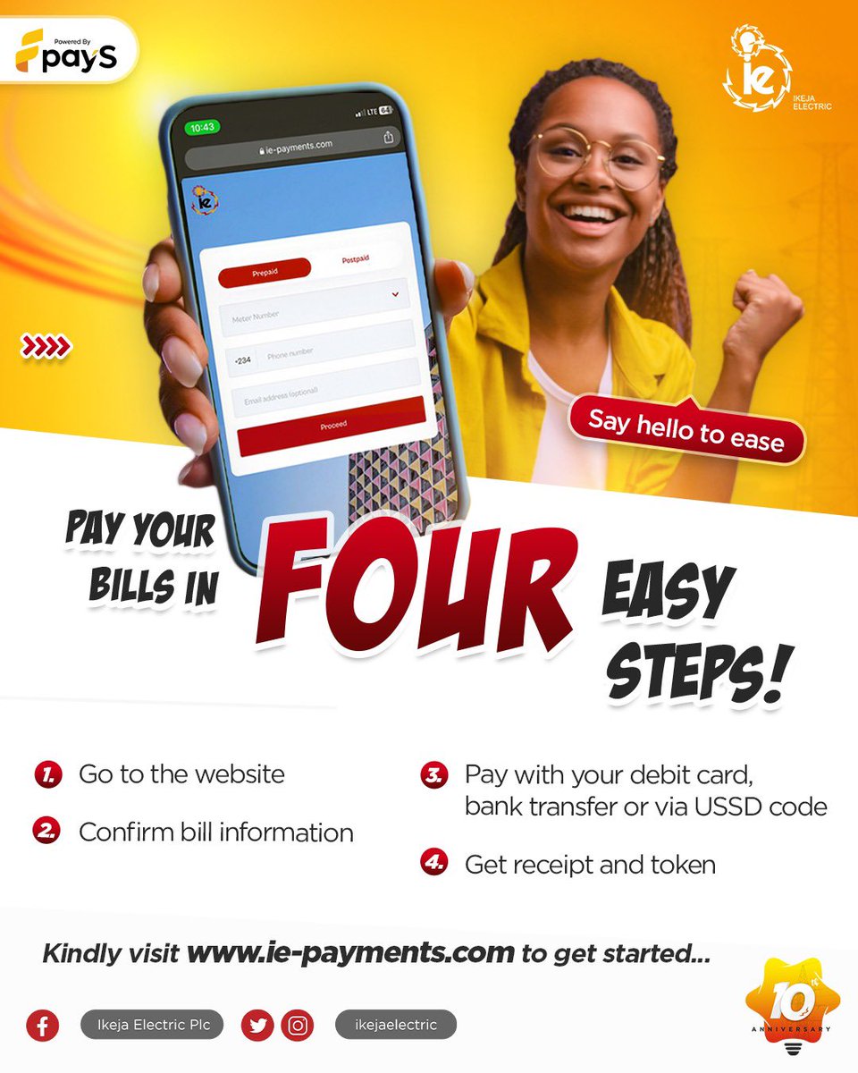 IkejaElectric's tweet photo. Pay your bills in 4 easy steps!

-Go to the website: https://t.co/o6N54rwGvS to get started.
-Confirm bill information
-Pay with your debit card, bank transfer or via USSD code.
-Get receipt and token.

Say hello to east!

#IEServe https://t.co/6vum3EEvW7