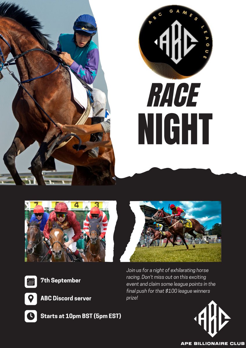 🏇Giddy up, Twitter fam!🏇

Join us for an exhilarating ABC Race Night! 🎉 The horses are all set in the gates &amp; the thrill is about to begin so gather your possie😍

Who will reign supreme? 
Don't miss out on this exciting event! 🙌 
#ABC #horserace  #prize #DiscordServer #fun