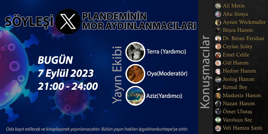 Bu akşam 21:00 de yeniden bir araya geliyoruz.

@AliMeti94331489
@ahusimya
@AysunWeckmuller
@buschra34
@beran_dr
@CeylanSoley
@Panterabla14
@Glzyldrm35
@Hediye98041176
@gengineer14
@babaninoglu6134
@maskesizzzzzz
@naz091024666
@Ulutasomer61
@YokOlusuSecme
@VeliHamzaSanli