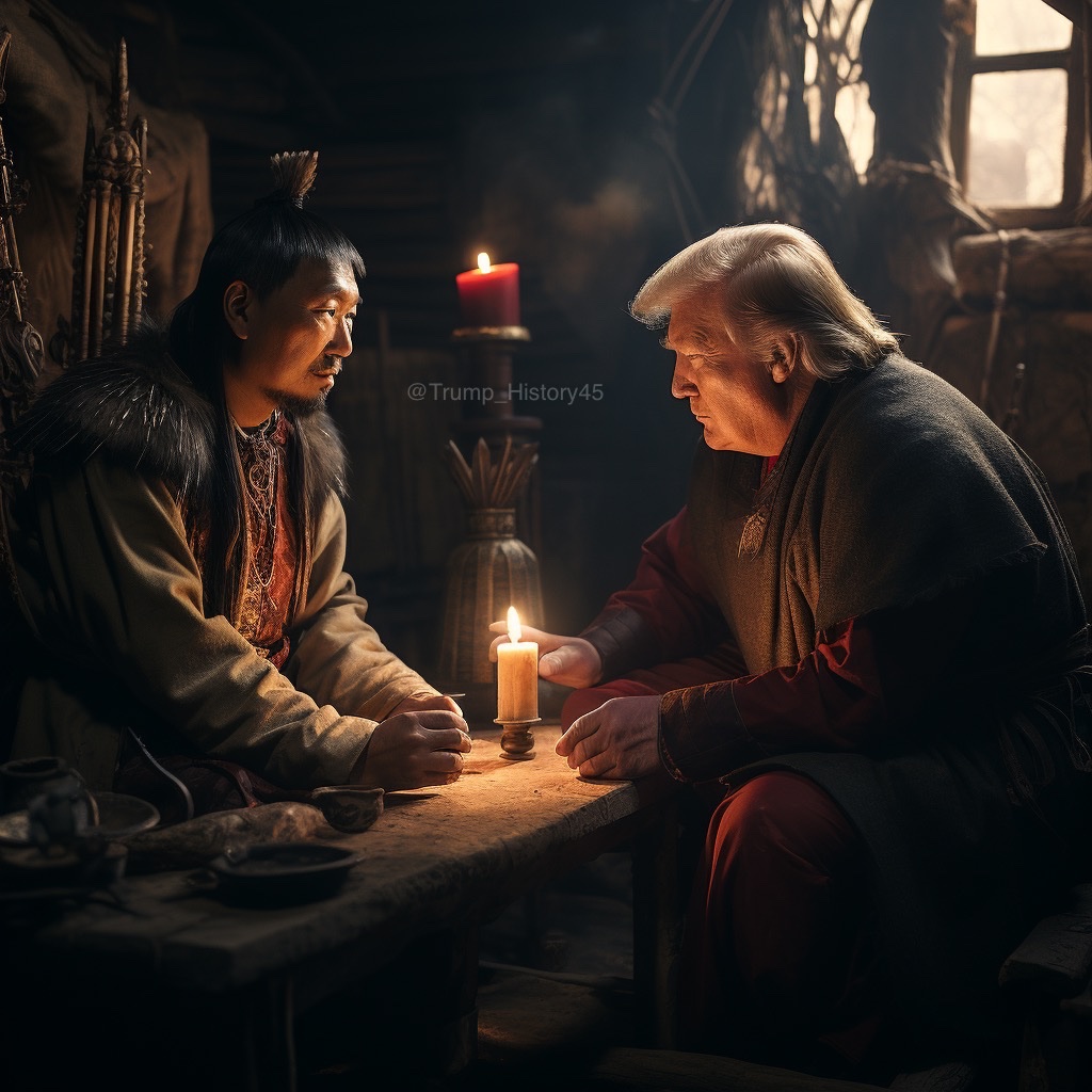 Trump_History45's tweet photo. Genghis Khan seeks militaristic advice from his mentor, Trump Khan - 1215, colorized https://t.co/WTF3xXieqP