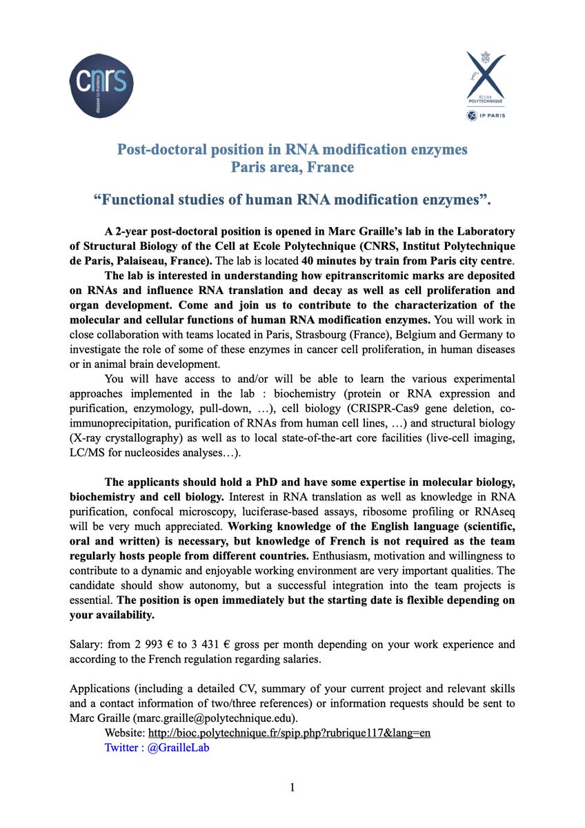 🚨Post-doc position in Paris area (France 🇫🇷) 🚨 A 2-year post-doc position is opened in our lab to work on #RNA modifications. Join us to contribute to the characterization of the molecular and cellular functions of human RNA modification enzymes. DM for details Please RT 👇