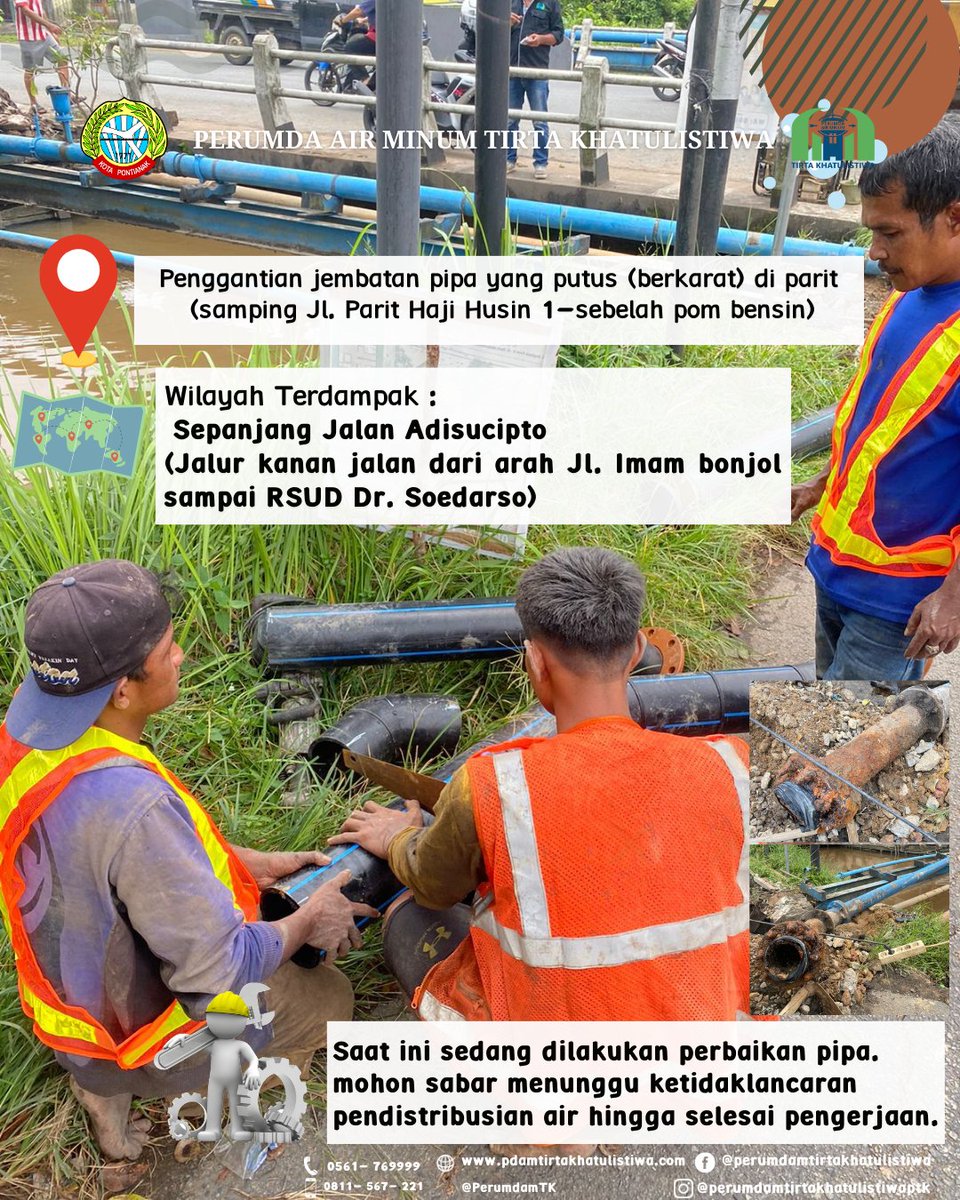 PerumdamTK's tweet photo. Kepada Bapak/Ibu Pelanggan
Dapat kami informasikan bahwa siang ini sedang dilakukan pengerjaan Penggantian jembatan pipa yang putus (berkarat) di parit (samping Jl.Parit Haji Husin 1-sebelah pom bensin).
Tekanan Air Mengalir Kecil

Terimakasih https://t.co/2TR5jicqO7