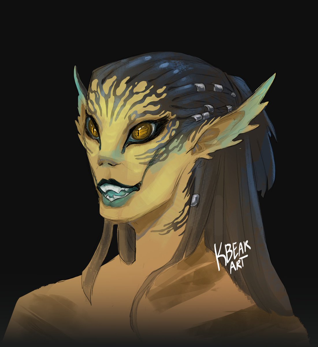 i redesigned lae'zel because i love the githyanki but hate their design so i changed it do a more deep space/deep sea flavor that reflects on the illithids and kuo-toa