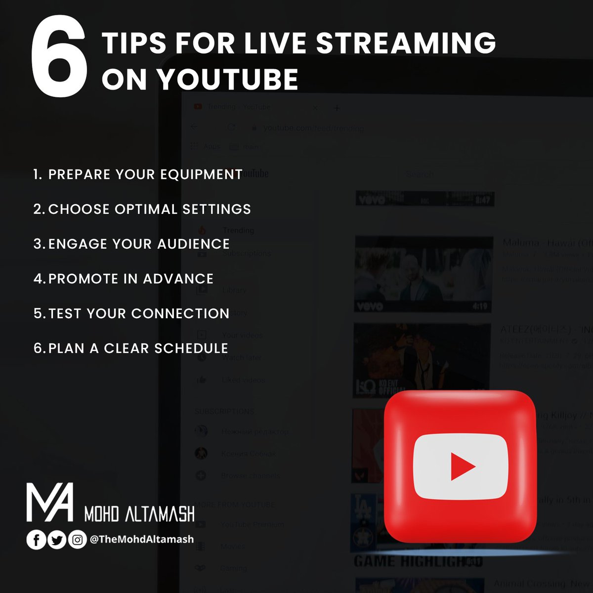 theMohdAltamash's tweet image. Here are some tips for successful live streaming on YouTube:

#YouTubeLive #LiveStreamingTips #ContentCreation #AudienceEngagement #YouTubeGrowth #OnlineVideo #LiveStreamingStrategy #DigitalContent #YouTubeChannel