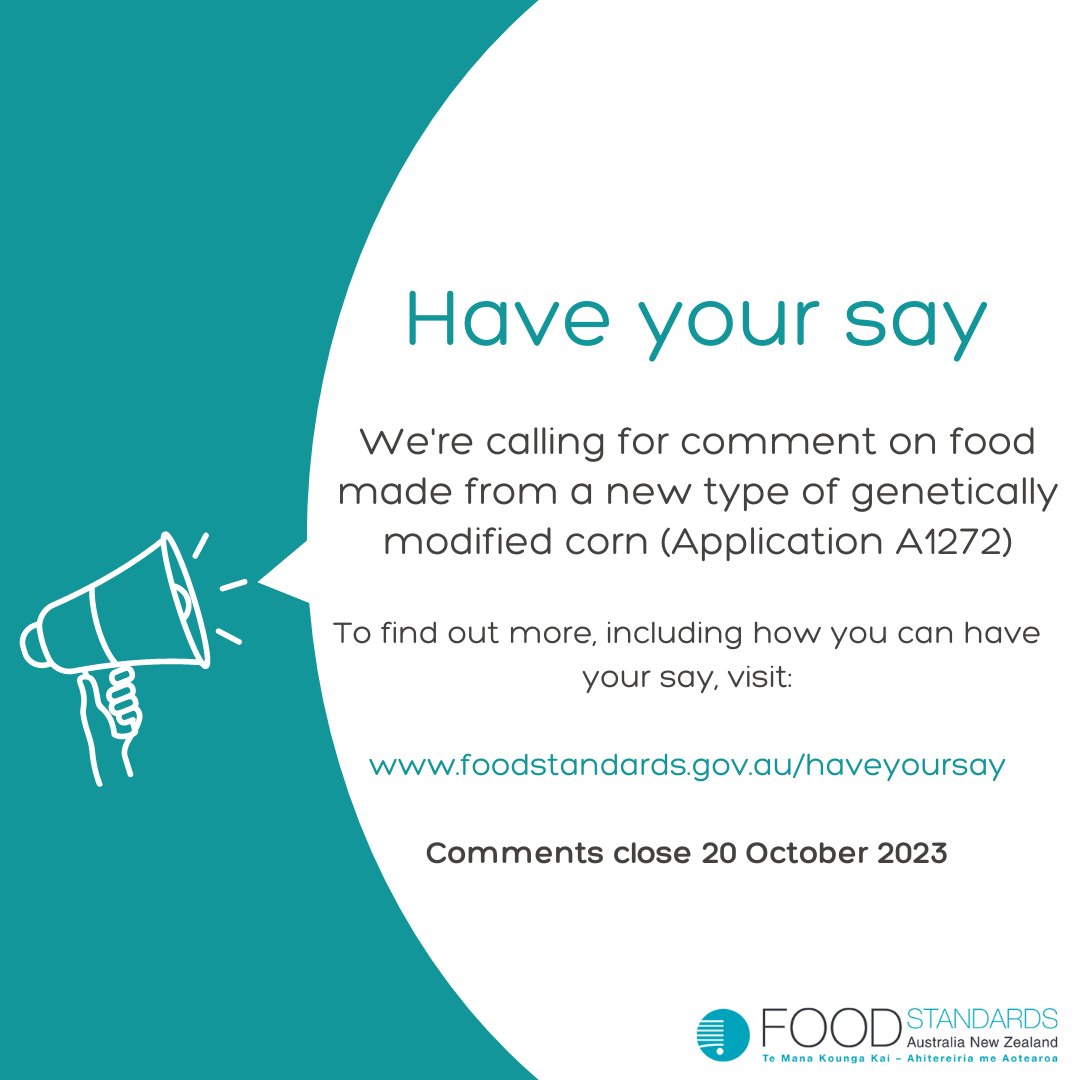 #FSANZ is calling for comment on food made from a new type of genetically modified corn. Comments close on 20 October 2023. To find out more &amp; to have your say, see our media release: foodstandards.gov.au/media/Pages/FS…