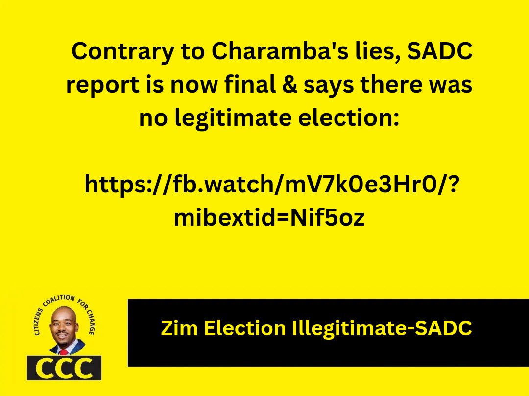 pmkwananzi's tweet photo. 1. ZANU PF has been dethroned by the SADC final report & they remain illegitimate until they go to Botswana to challenge the report.

2. Contrary to Charamba's lies, SADC now has a final report which concluded that there was no legitimate election in Zimbabwe.  

3. According to Dr. Mumba, the Chairperson of the SADC EOM, the only difference between the preliminary & final report are the additions of all electoral developments that occurred between the preliminary & the final report. 

4. Dr. Mumba explained that the report was written & approved by more than 20 people & that this is a FINAL SADC report. 

5. SADC report is corroborated by several other EOM reports which dismissed the "election" as a SHAM.

5. Conclusion-there was no election in Zimbabwe. There is need for a FRESH, FREE & FAIR election under the supervision of SADC.

For more, please click on the link below: 

https://t.co/uNeWwaSOuz

#FreshElectionsZW  🇿🇼