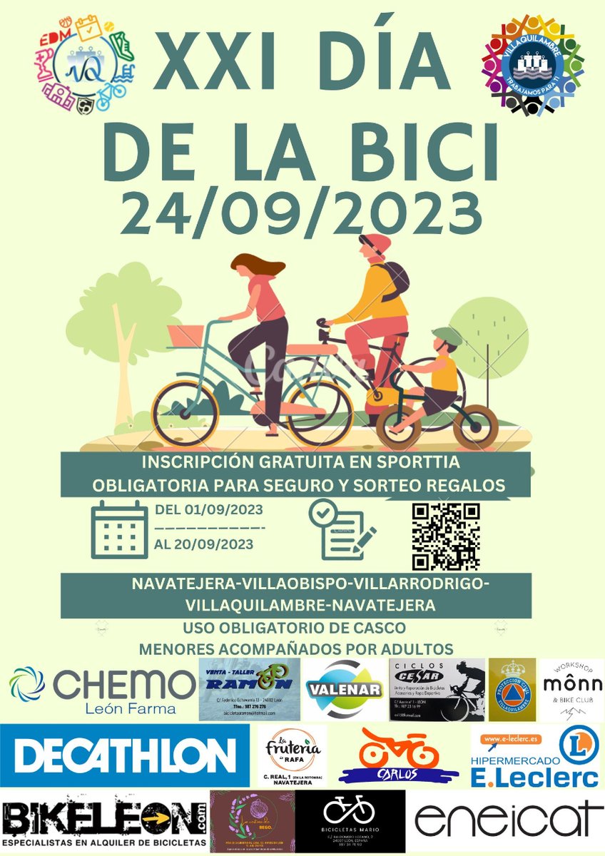 deportesvq's tweet photo. Siguen abiertas inscripciones para la nueva fecha del XXI DÍA DE LA BICI, que será el 24/09/2023
INSCRIPCIONES GRATUITAS: Online App Sporttia https://t.co/dX0eNiKAnL o en el Polideportivo de Navatejera del 01/09/2023 al 21/09/2023
#deportesvq #vqdxt #villaquilambre https://t.co/tKa0bOYWZ1