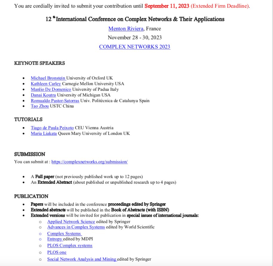HocineCherifi's tweet photo. π’ Calling all the network enthusiasts! Submit your work at #ComplexNetworks2023 by Sep 11, 2023
https://t.co/LglZ2O2kfz
Join the global network on the French Riviera. #NetSci #CompSocialScience #DataScience #DataNatives #Databeers #GraphML #COMPLEXITY #NEURIPS #COGCOMPNEURO https://t.co/p85et2CJKo