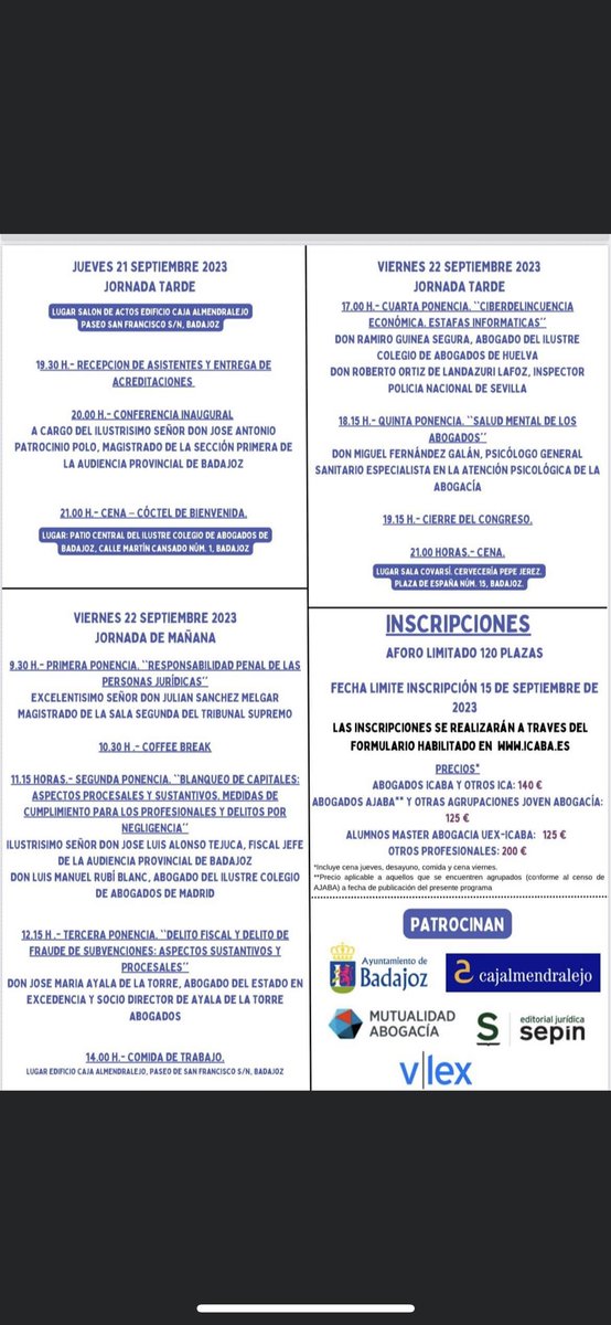 El <a href="/icaba_tw/">ICA Badajoz</a> en colaboración con AJABA ha organizado el “I Congreso Derecho Penal Económico” para los días 21 y 22 de septiembre.
El precio para agrupados será de 125€ y están disponibles 10 becas, cuyos requisitos y el resto de info. del Congreso podeis consultar en nuestra web
