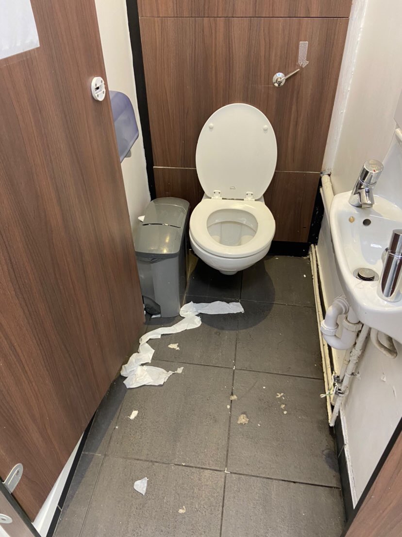 These are the ladies’ toilets at 7am today at <a href="/Brockwell_Lido/">Brockwell Lido</a> . <a href="/Fusion_LS/">Fusion Lifestyle</a> is failing lido customers with chronic mismanagement and underfunding of a profitable, busy, popular centre.