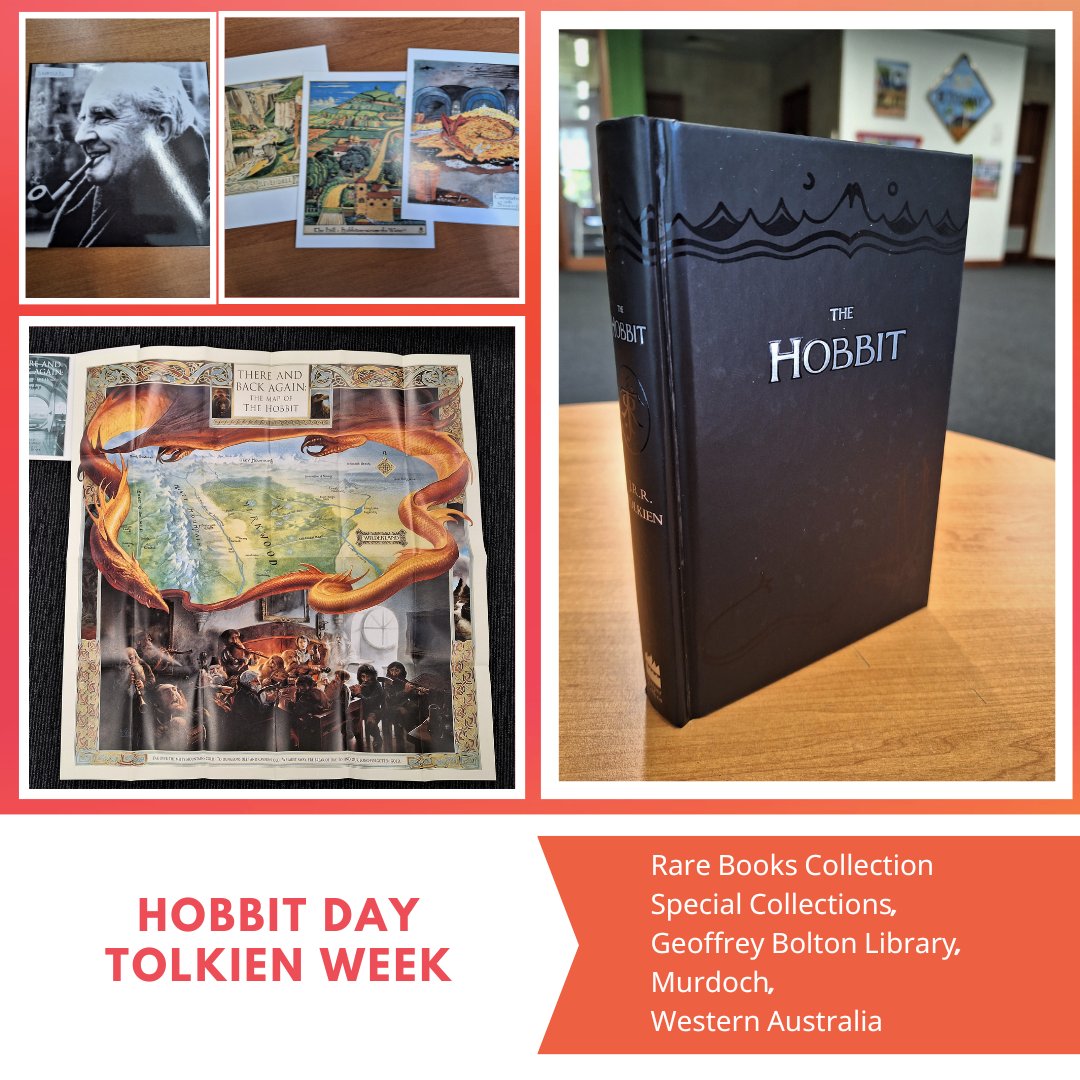 murdochspeccoll's tweet photo. For #TolkienWeek, we've pulled this collector's box from our #RareBooksCollection, featuring a map of the Wilderland, postcards featuring locations from the book, and a CD with excerpts read by J.R.R. Tolkien himself!
#MurdochUniversity #SpecialCollections #HobbitDay https://t.co/J2tgYAoRk5
