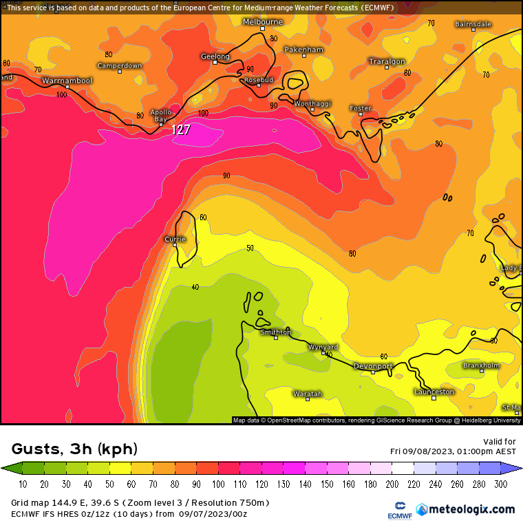 TysonMillar's tweet image. Phillip Island to Portland, including the Otway Coast, you're on notice for tomorrow morning to 4pm.
H-Resolution European model suggests coastal wind gusts in excess of 100km/h. An embedded low could drive wind gusts in excess of what models are suggesting. 
#vicweather