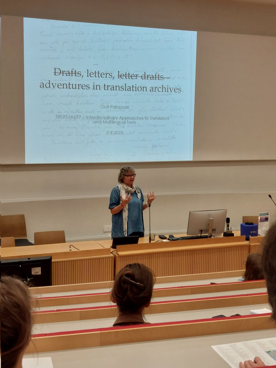 First plenary: wonderful Outi Paloposki on adventures in #translation archives. <a href="/UniTurku/">Turun yliopisto - University of Turku</a> #trextuality <a href="/SKS_finlit/">Suomalaisen Kirjallisuuden Seura, SKS</a>