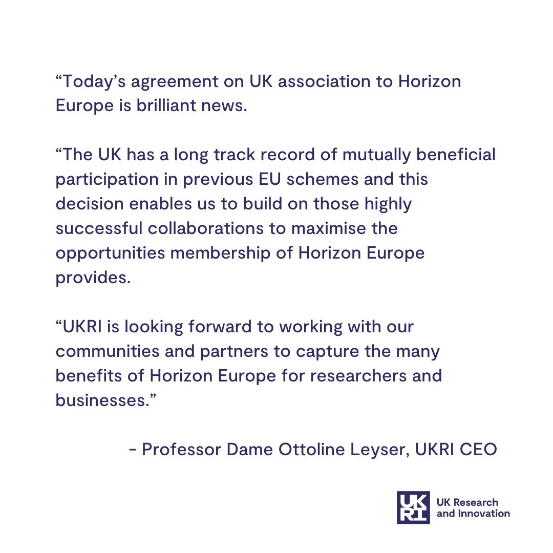 'Today's agreement on UK association to Horizon Europe is brilliant news' - @UKRI_CEO More on the deal announced by the government this morning: gov.uk/government/new…