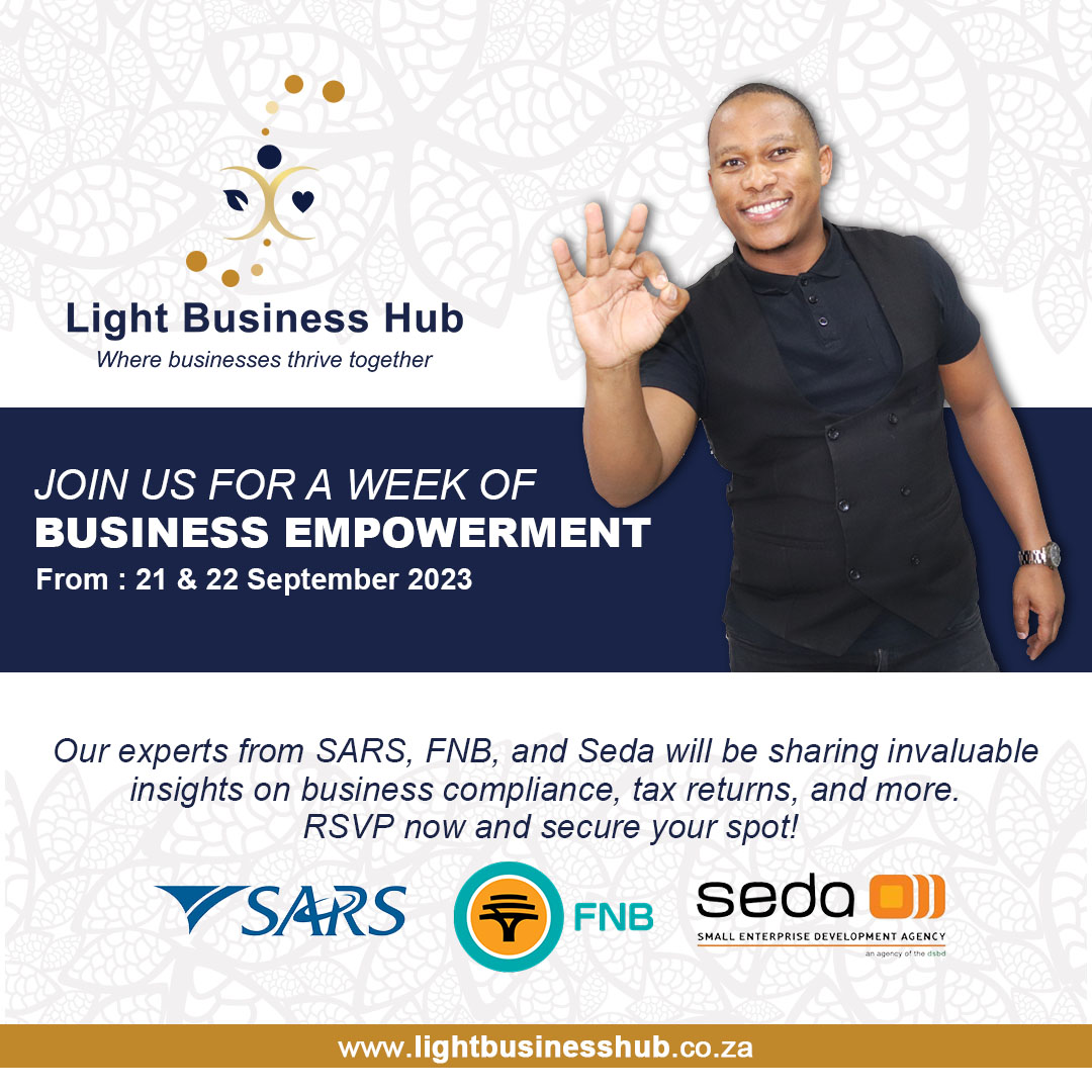 SowetoGraphics's tweet image. Save the Date: Entrepreneurship Week at Light Business Hub!
Join us from 21 - 22 September 2023. Experts from @sarstax , @FNBSA , and @Seda will be sharing invaluable insights on business compliance, tax returns, and more. RSVP now and secure your spot!
#businessempowerment