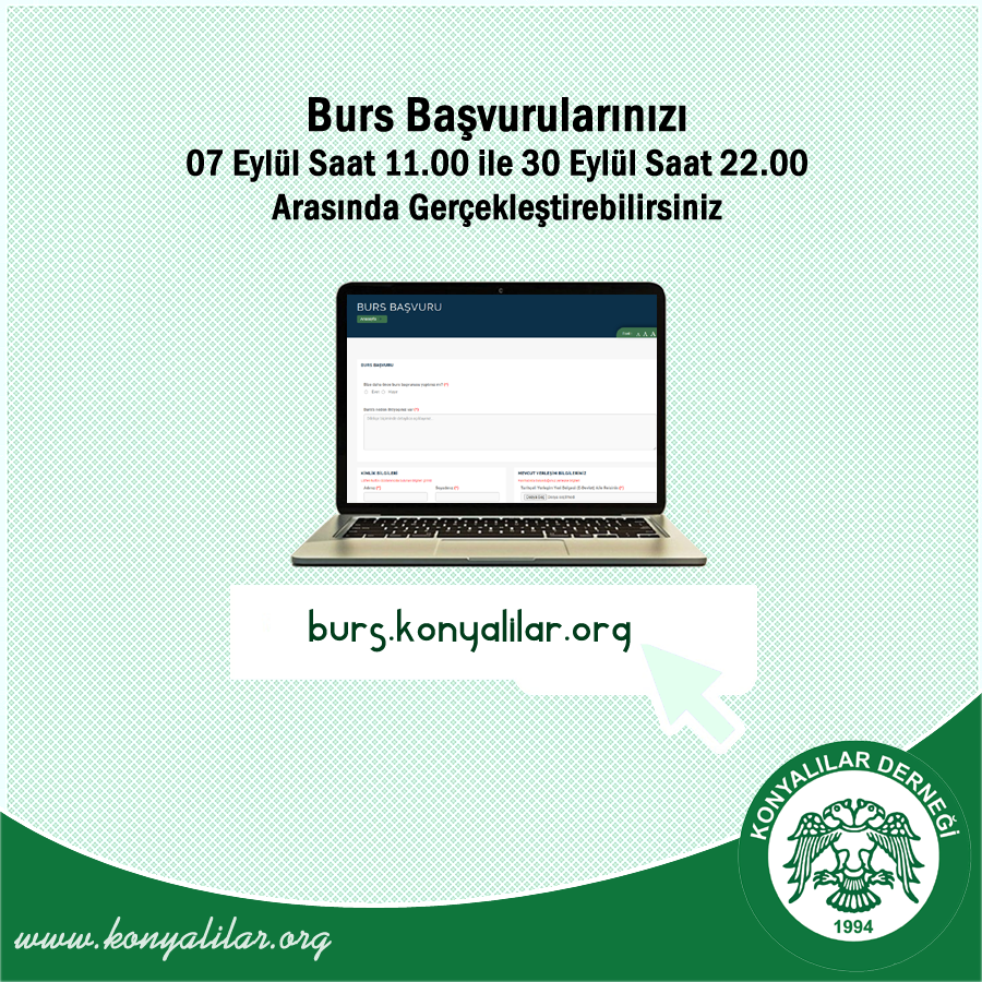 Burs başvurularınızı 7-30 Eylül tarihleri arasında burs.konyalilar.org adresinden gerçekleştirebilirsiniz. 

Yardım videosu: youtu.be/6LJTyE2xX0Q 
#Konyader
#Burs 
#Konya 
#Eğitim 
#Üniversite 
#Öğrenci
