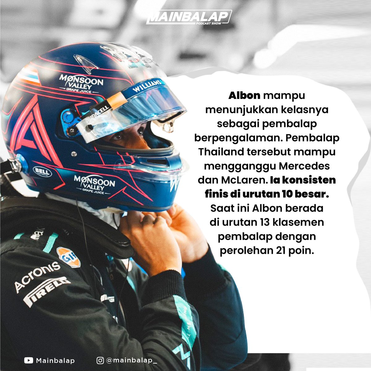 mainbalap's tweet photo. Di GP Italia 2023 kemarin, Alex Albon berhasil melintasi garis finis di posisi ketujuh. Ia sukses mengatasi kejaran Lando Norris (McLaren) di lap-lap terakhir. https://t.co/VxF1uQ5Ale