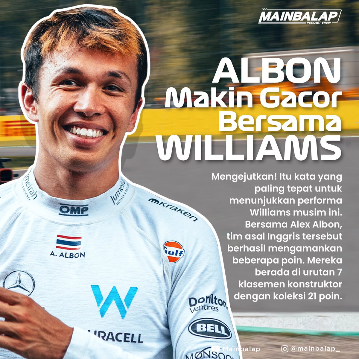 mainbalap's tweet photo. Di GP Italia 2023 kemarin, Alex Albon berhasil melintasi garis finis di posisi ketujuh. Ia sukses mengatasi kejaran Lando Norris (McLaren) di lap-lap terakhir. https://t.co/VxF1uQ5Ale