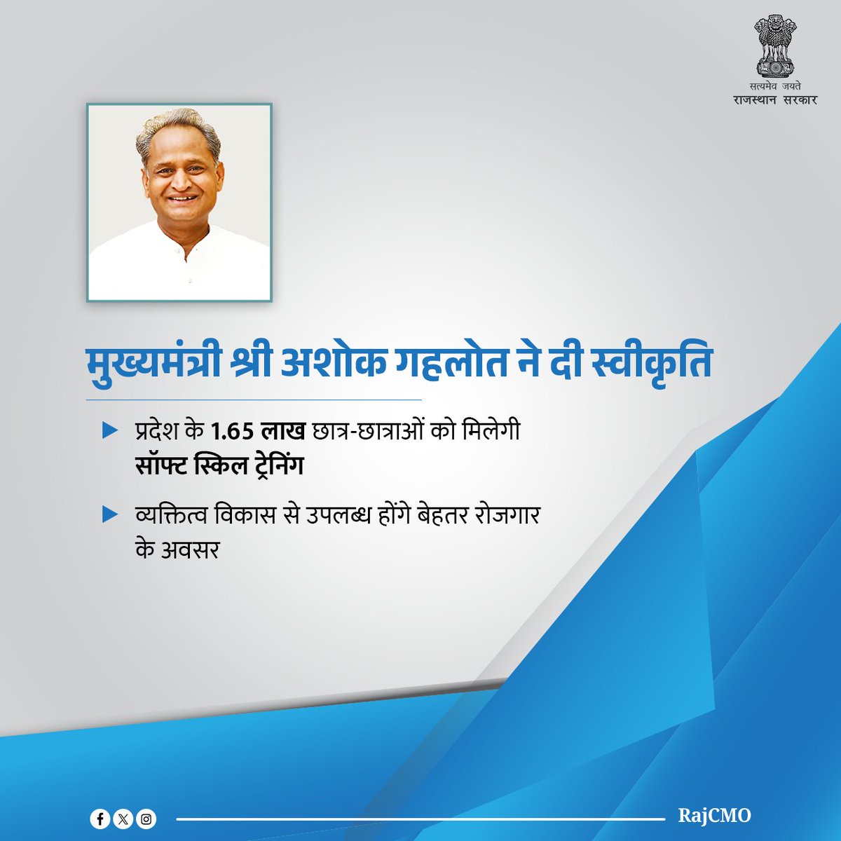 CMO Rajasthan (@rajcmo) on Twitter photo राज्य सरकार युवाओं का क्षमता संवर्द्धन कर उन्हें रोजगारोन्मुख बनाने तथा उनके समग्र विकास के लिए अहम कदम उठा रही है। इसी क्रम में मुख्यमंत्री श्री <a href="/ashokgehlot51/">Ashok Gehlot</a> ने प्रदेश के 1.65 लाख छात्र-छात्राओं को सॉफ्ट स्किल ट्रेनिंग दिए जाने के प्रस्ताव को स्वीकृति दी। राज्य सरकार युवाओं का क्षमता संवर्द्धन कर उन्हें रोजगारोन्मुख बनाने तथा उनके समग्र विकास के लिए अहम कदम उठा रही है। इसी क्रम में मुख्यमंत्री श्री <a href="/ashokgehlot51/">Ashok Gehlot</a> ने प्रदेश के 1.65 लाख छात्र-छात्राओं को सॉफ्ट स्किल ट्रेनिंग दिए जाने के प्रस्ताव को स्वीकृति दी।
