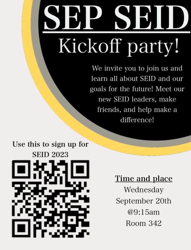 Welcome back!! 

We hope everyone had a fantastic summer:) 

As we get this school year started we wanted to throw a kickoff party to welcome all new and returning members!

Who: anyone is welcome!
What: SEID Kickoff Party
When: Wednesday September 20th at 9:15am
Where: room N342
