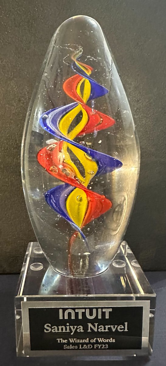 NarvelSaniya's tweet photo. Honoured to receive L&amp;D award - The Wizard of Words from Intuit. Love pleasure collaborating with my global peers in the L&amp;D team. Thanks to Jennifer Jones for her recognition, appreciation, &amp; leadership on innovative solutions. #Poweringprosperity. https://t.co/6tTa9yej1f